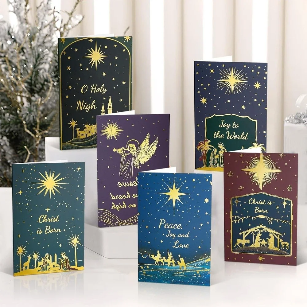 Christmas Cards Nativity Scene‎ Angel Gold Foil Joy to World Peace Love Messages